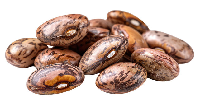 This close-up of pinto beans shows their unique brown and beige patterns, offering a glimpse into their natural texture on white background.
