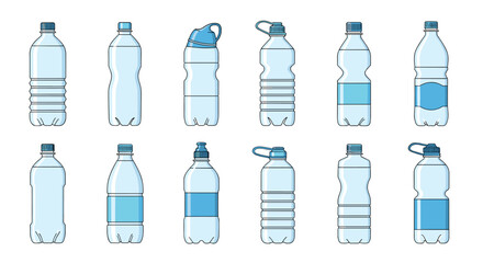 Comprehensive set of various plastic water bottle shapes and sizes including sports bottles and standard mineral water containers.