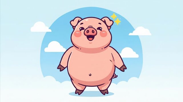 Happy cartoon pig dancing and waving arms, joyful animal character