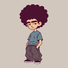 Cartoon illustration of grumpy young boy with large afro haircut wearing oversized urban streetwear