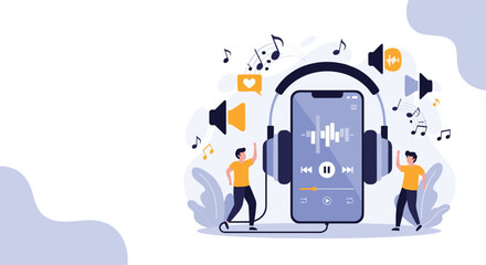Conceptual illustration of mobile music application with people dancing around a large smartphone wearing big headphones.
