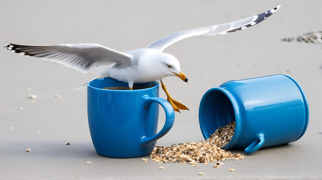 A seagull steals food from a blue mug, with crumbs scattered
