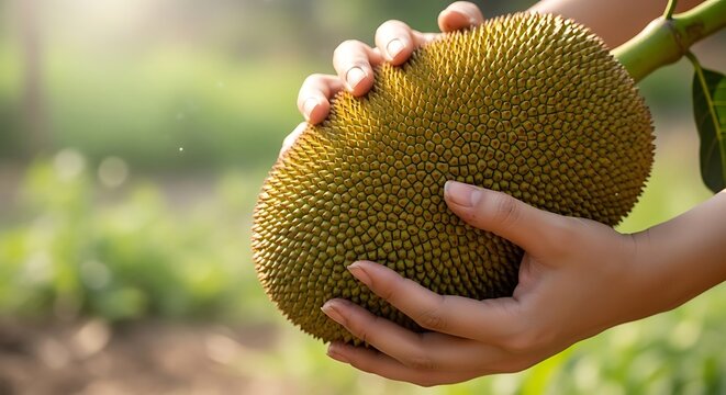 Large Golden Jackfruit Held by Hands in Orchard