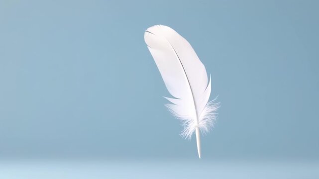 A single, pristine white feather floats against a light blue backdrop