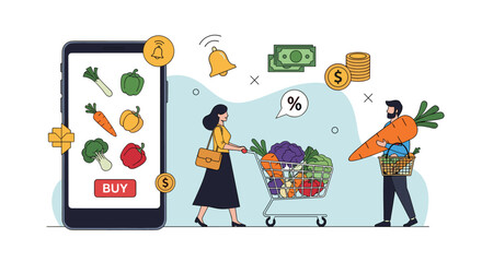 Modern concept of online grocery shopping with people buying fresh vegetables using a large smartphone interface.