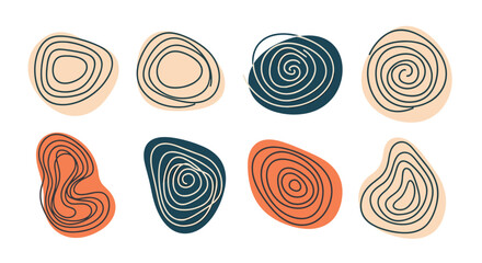 Set of abstract organic shapes in earthy tones featuring hand-drawn black spiral lines for creative modern design.