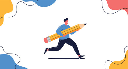 Creative conceptual illustration of a man running with a giant pencil against a white background with abstract shapes.