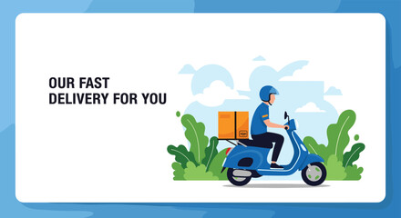 Professional delivery service concept featuring a courier riding a blue scooter with a package on white background.