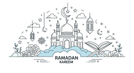 Detailed line art illustration for Ramadan Kareem featuring a mosque, an open Quran, and crescent moons among clouds.