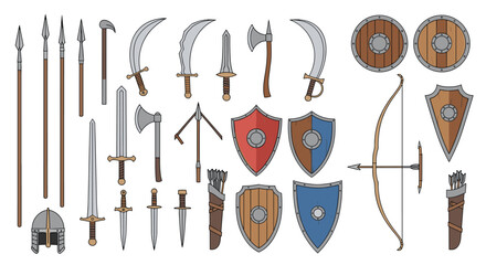 Large set of various medieval weapons including swords, spears, axes, bows, shields, and a knight helmet on white.