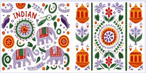 Colorful indian themed pattern with elephants birds and floral motifs © Juna