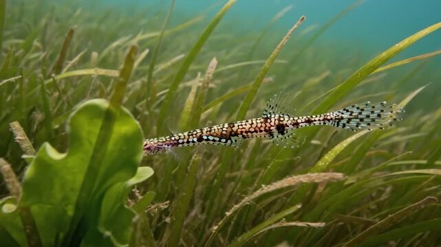 Exquisite ornate pipefish swimming gracefully among vibrant green seagrass in clear shallow underwater environment, showcasing marine life.