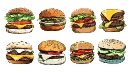 Hand drawn burger collection with cheese lettuce tomato buns illustrated food set isolated on white background
