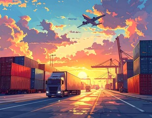 A vibrant digital illustration shows a cargo truck driving on a road towards a port with shipping containers as an airplane flies overhead during a sunset