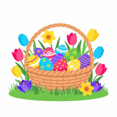 Fototapeta premium A vibrant illustration of an Easter basket filled with colorful decorated eggs, surrounded by spring flowers like tulips, daffodils, and crocuses, set on green grass.