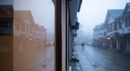 Misty Morning Street Scene Reflected in a Window on a Cold, Atmospheric Day