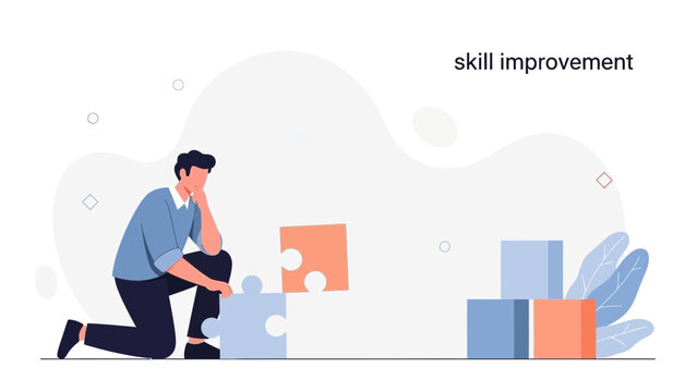 Man assembling puzzle pieces, representing skill improvement and problem solving