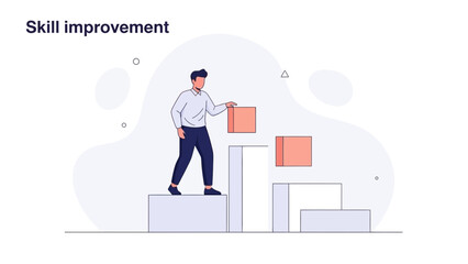 Obraz premium Man climbing stairs made of blocks, skill improvement, personal growth, career development