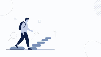 Obraz premium Man climbing stairs with backpack, vector illustration, concept of progress and journey