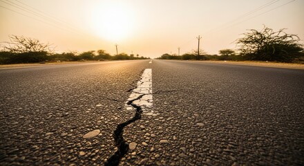 Golden hour illuminates a deeply cracked asphalt road, signifying wear, damage, and challenging paths ahead