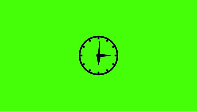 A simple black clock face with hands pointing to approximately ten minutes past two is centered on a vibrant green background