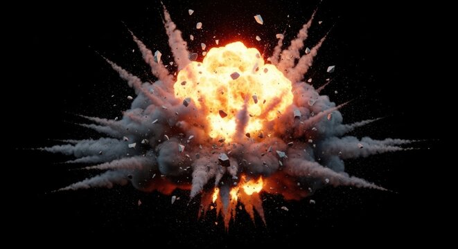Massive explosion with debris and smoke cloud, centered on a dark background, viewed from a front perspective