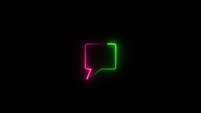 A neon lit speech bubble glows in the darkness featuring a vibrant green rectangular frame and a pink tail high quality professional detailed