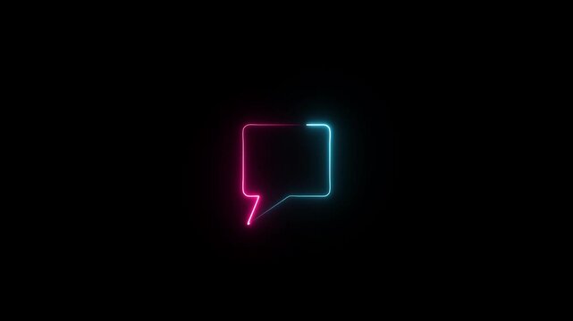A minimalist depiction showcases a glowing neon speech bubble outlined in vibrant pink and electric blue against a stark black background