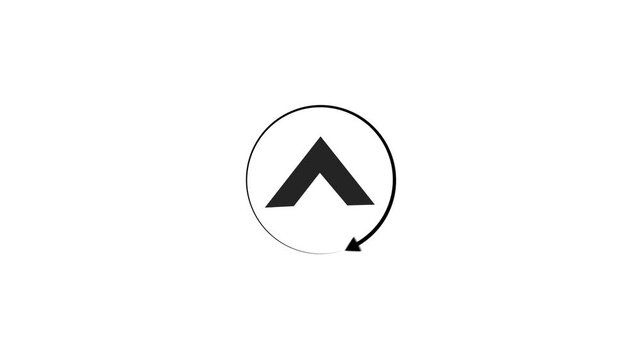 A minimalist graphic depicts a black arrow within a white circle accompanied by a curved arrow suggesting a cyclical or return process