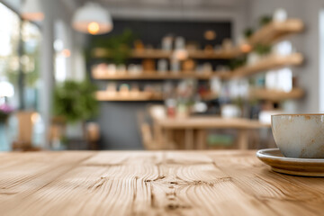 Fototapeta premium A cup and saucer sit on a wooden table in a modern cafe