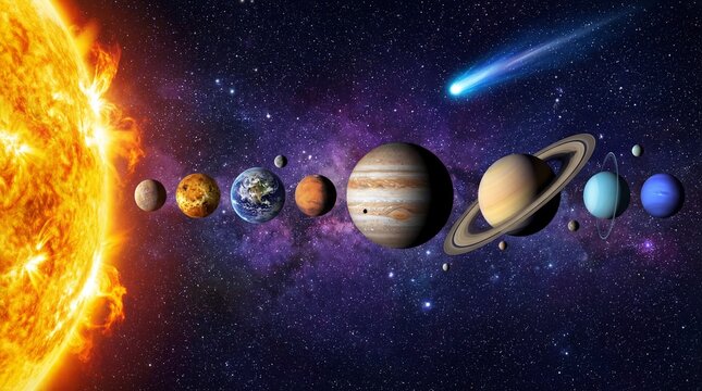 Vibrant solar system with planets and comet in starry space