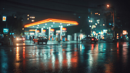 A gas station is lit up at night on a rainy city street