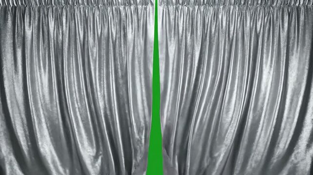 Silver metallic curtains opening on green screen, elegant stage reveal with chroma key background