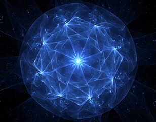 A glowing geometric blue fractal orb with a central point of light