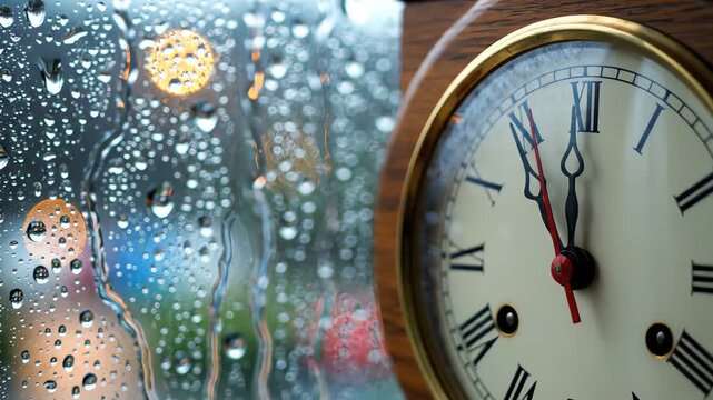 Vintage clock by a rainy window, symbolizing passing time and a melancholic mood