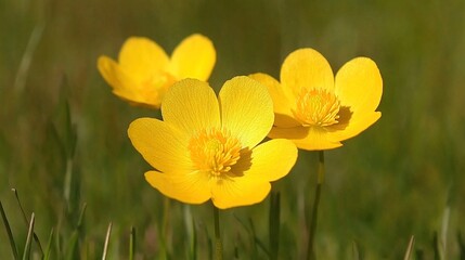 Obraz premium Cluster of Small Yellow Flowers with Distinct Stamens on Blurry Green Background 