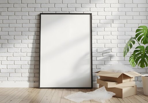Large Black Picture Frame Mockup Leaning on White Brick Wall with Cardboard Boxes and Monstera Plant