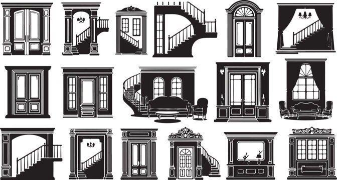Various architectural elements of houses and buildings illustration set