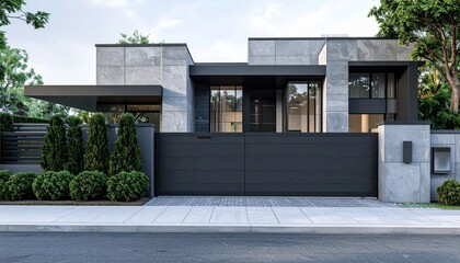 Modern Black Metal Gate and Stone Wall at Luxury Home Driveway Entrance With Landscaping