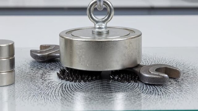 Neodymium magnet rare earth metal laboratory workshop wrench levitating above iron filings showing magnetic field lines on bench