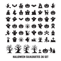 halloween silhouette icon vector set, spooky black holiday symbol collection, pumpkin ghost bat elements pack, horror party decorative graphics, editable festive design bundle