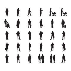 Human Body People Silhouette Pose Icon, Man Woman Standing Walking Clipart Design, Action Figure Movement Illustration Bundle, Body Posture Gesture Graphic Element Art, Person Activity Black Silhouett