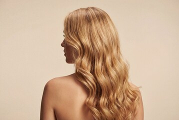 Fototapeta premium Luminous studio shot of woman with long wavy golden blonde hair from behind, elegant style
