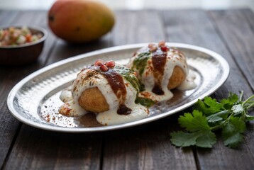 Delicious dahi bhalla indian snack with yogurt chutney and spices on a silver platter