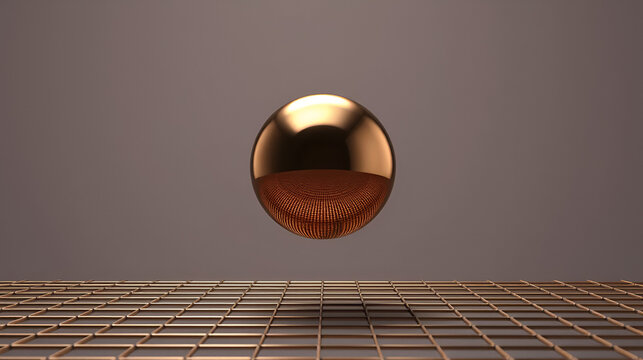 Floating metallic sphere suspended above a grid, representing a zone of zero gravity or nullification ,quantum ,antigravity ,illustration