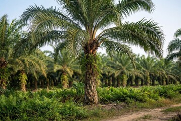 Obraz premium Mature oil palm tree in a tropical plantation with lush green foliage and clear sky