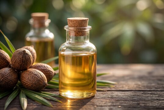 Clear glass bottle of golden babassu oil with nuts and green leaves on rustic wooden surface