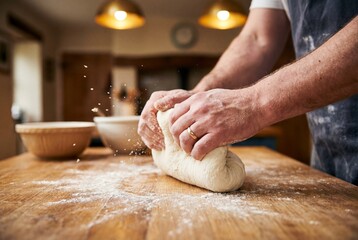 Fototapeta premium A man in a denim apron kneads bread dough on a flour dusted wooden counter