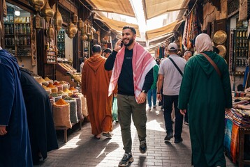 Obraz premium Young arab man on phone in middle east market street
