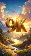 A vibrant digital illustration shows gold text floating over a scenic mountain landscape, a river, and clouds